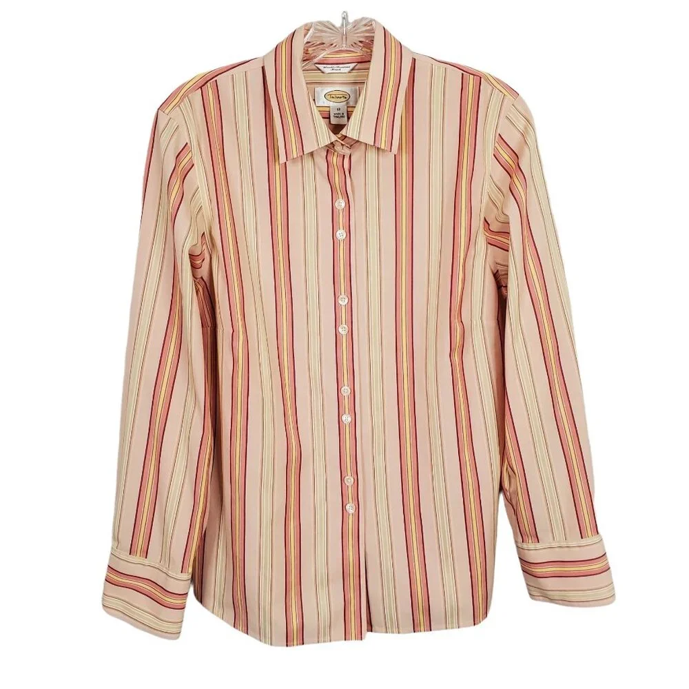 Talbots Sz 12 Shirt Button Down Vertical Stripe Wrinkle Resistant Collared Peach - Picture 2 of 8